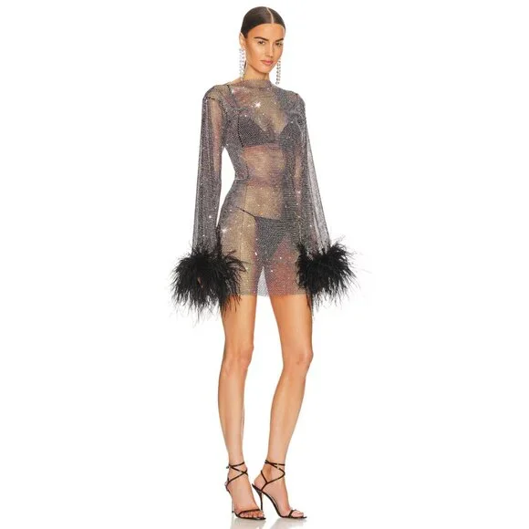 Santa Brands Black Rhinestone Ostrich Feather Mini Dress - Picture 7 of 11